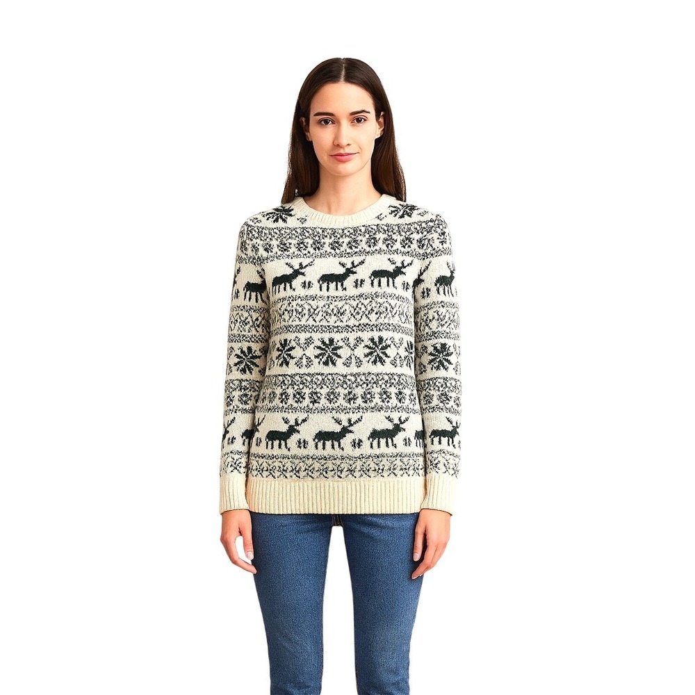 Forever 21 Womens Christmas Reindeer‎ Snowflake Patterned Crewneck Sweater